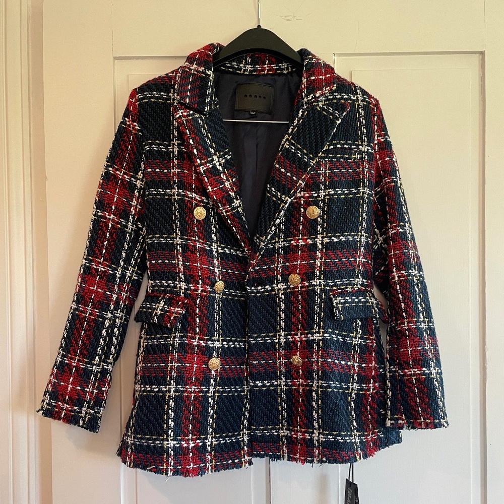 NWT Blank NYC Blue Red Plaid Fringe Hem Double Breasted Blazer XS